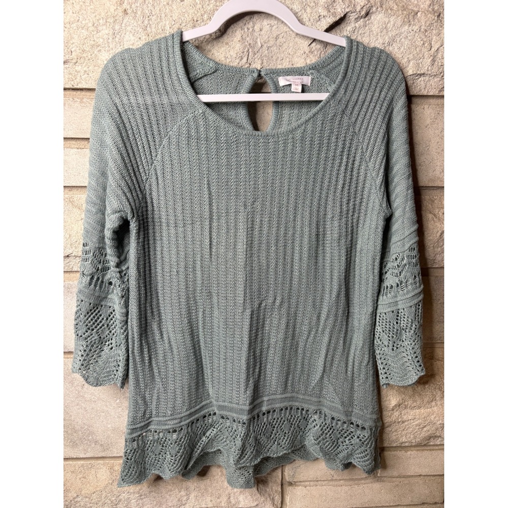 LC Lauren Conrad Womens Seafoam Green Ribbed Pointelle Crochet Trim Sweater M
